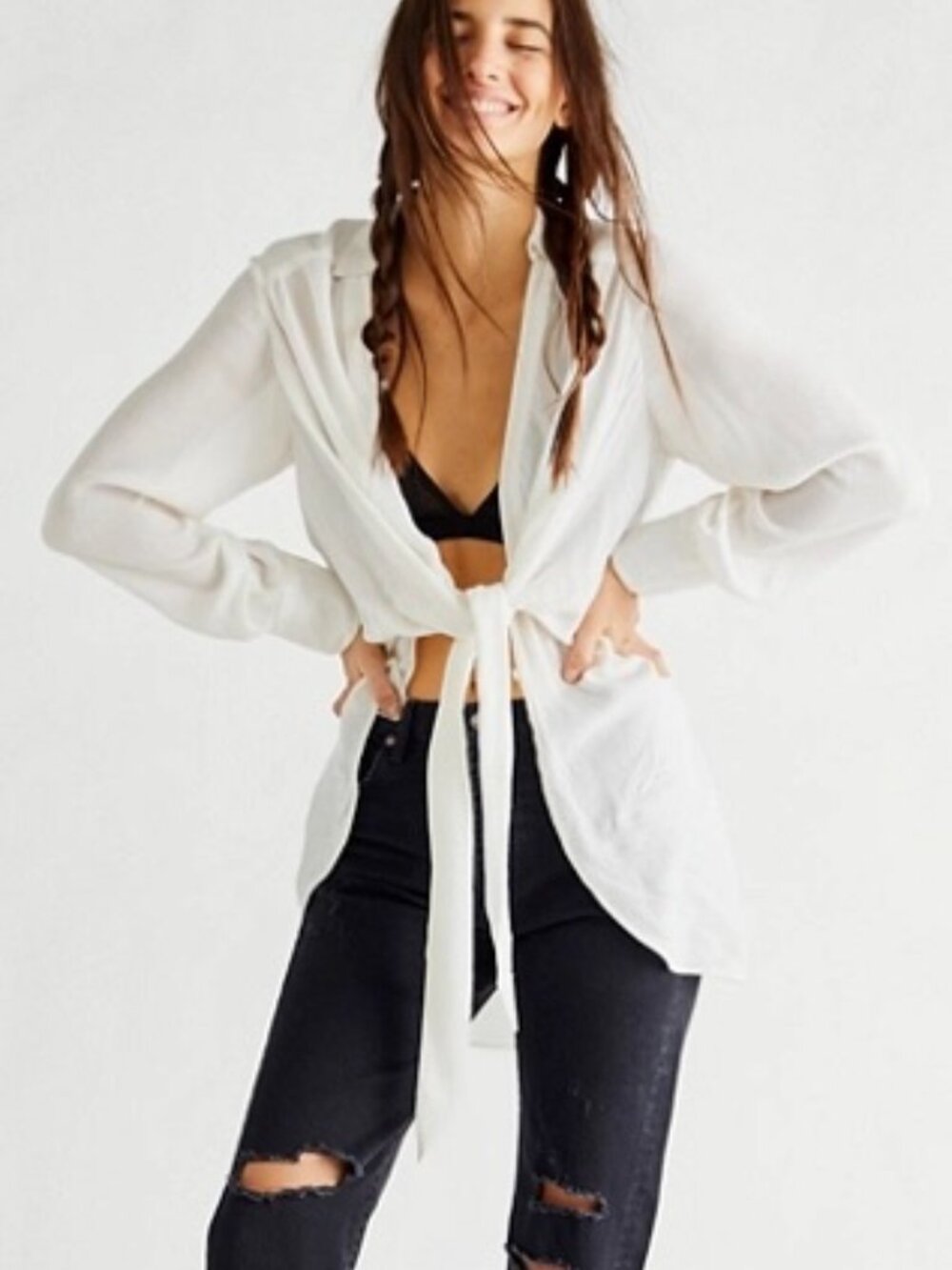 Free People White Textured Tie Front Long Sleeve Blouse Size L